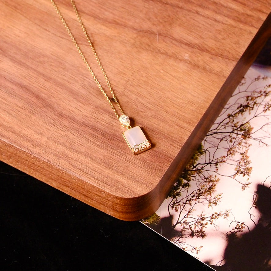 Gold Square White Jade Necklace